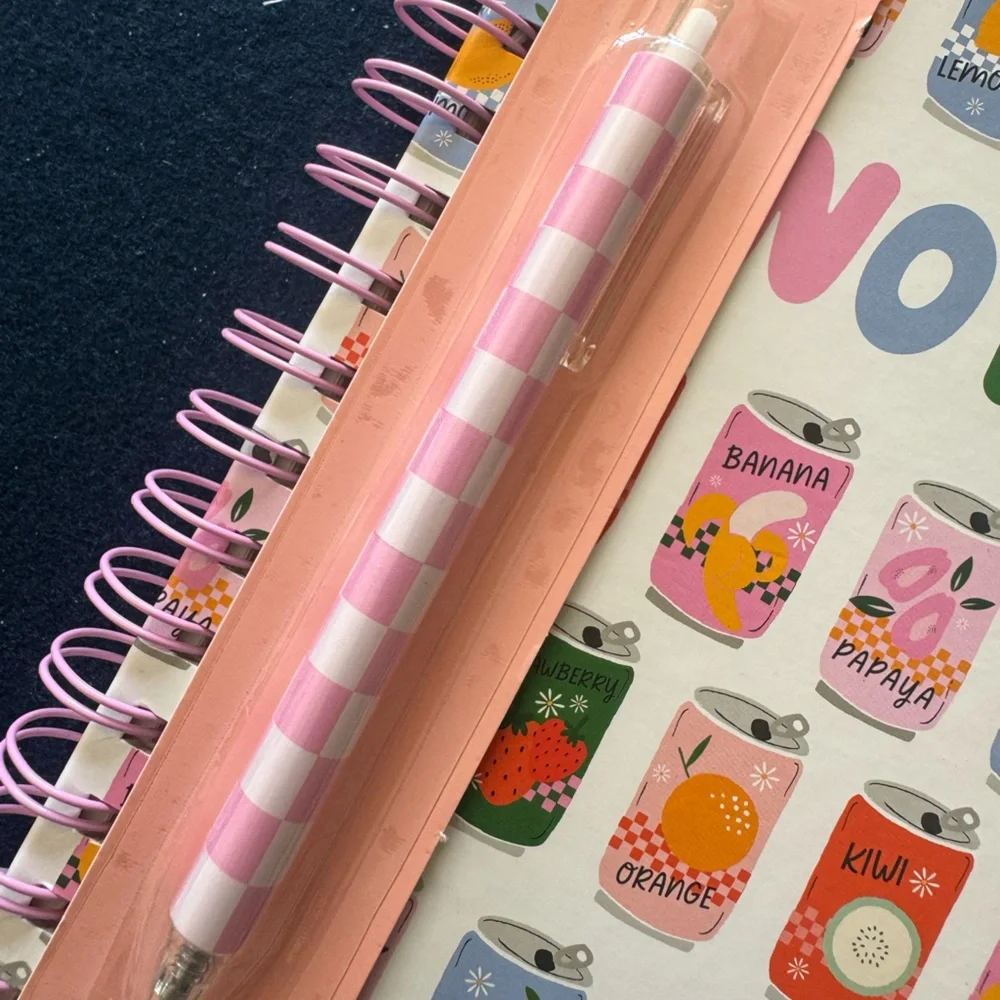 Colorful sodaThemed spiral Notebook and checkered pink/white Pen Set-so cute💕